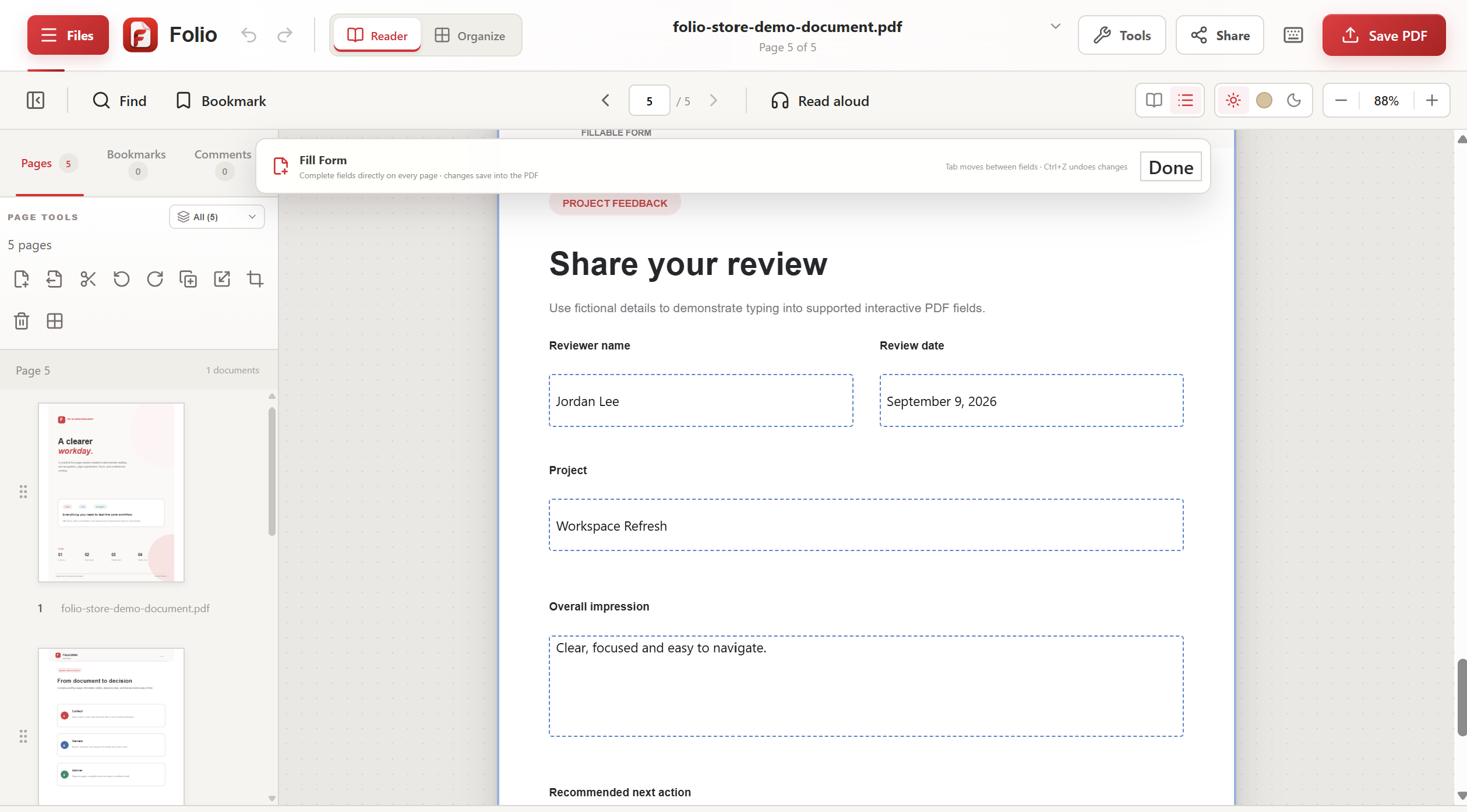 Folio PDF Studio 2.0.12 with an interactive sample PDF form
