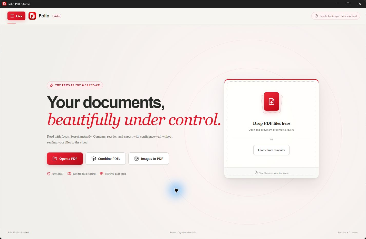 Folio PDF Studio home screen with local PDF opening and combining tools